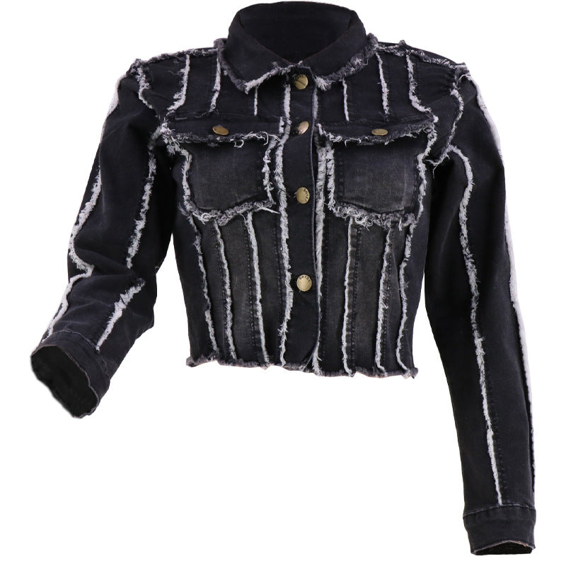Gisèle | Women's Cropped Denim Jacket Frayed Contrast Seams