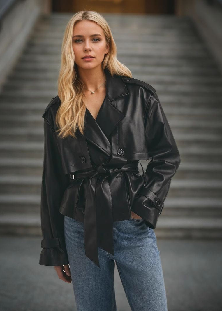 Elisa | Women's Vegan Leather Cropped Trench Coat Belted for Gala