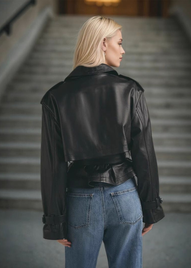 Elisa | Women's Vegan Leather Cropped Trench Coat Belted for Gala
