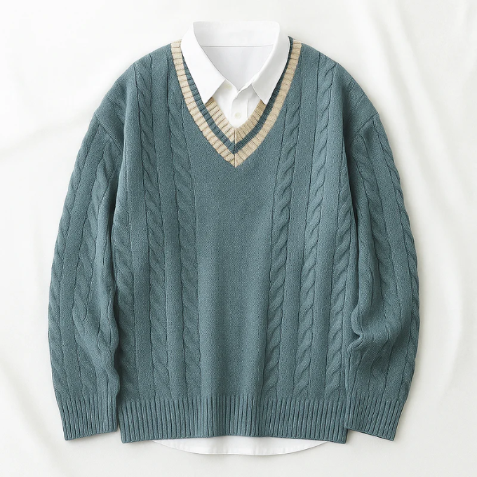 Harrison | Men's V-Neck Sweater Cable Knit Collegiate