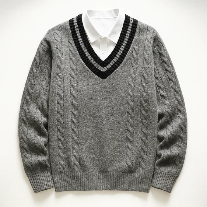 Harrison | Men's V-Neck Sweater Cable Knit Collegiate