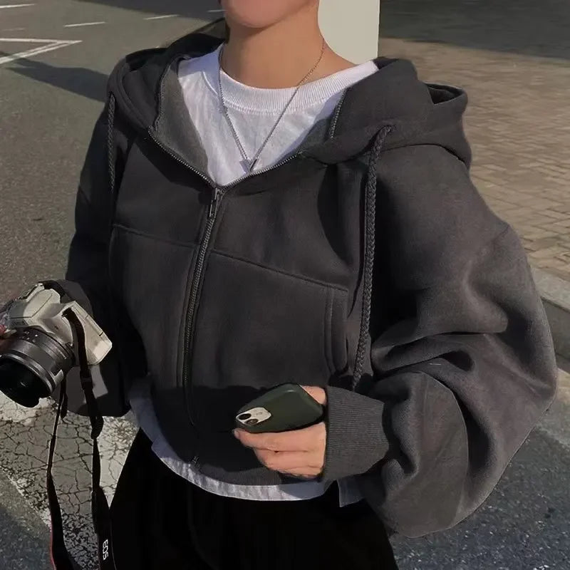Sabrina Laurent | Women's Cropped Zip-Up Hoodie Fleece Streetwear