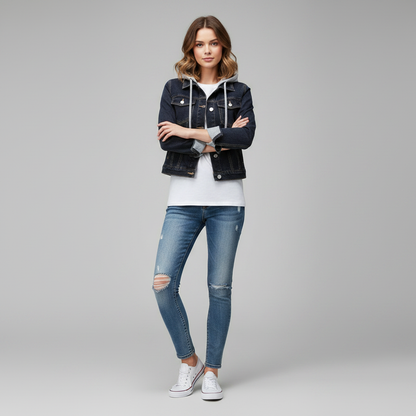 Denim Damejakke Med Aftagelig Hætte | Casual Yderlag