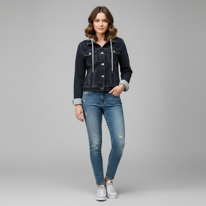 Denim Damejakke Med Aftagelig Hætte | Casual Yderlag