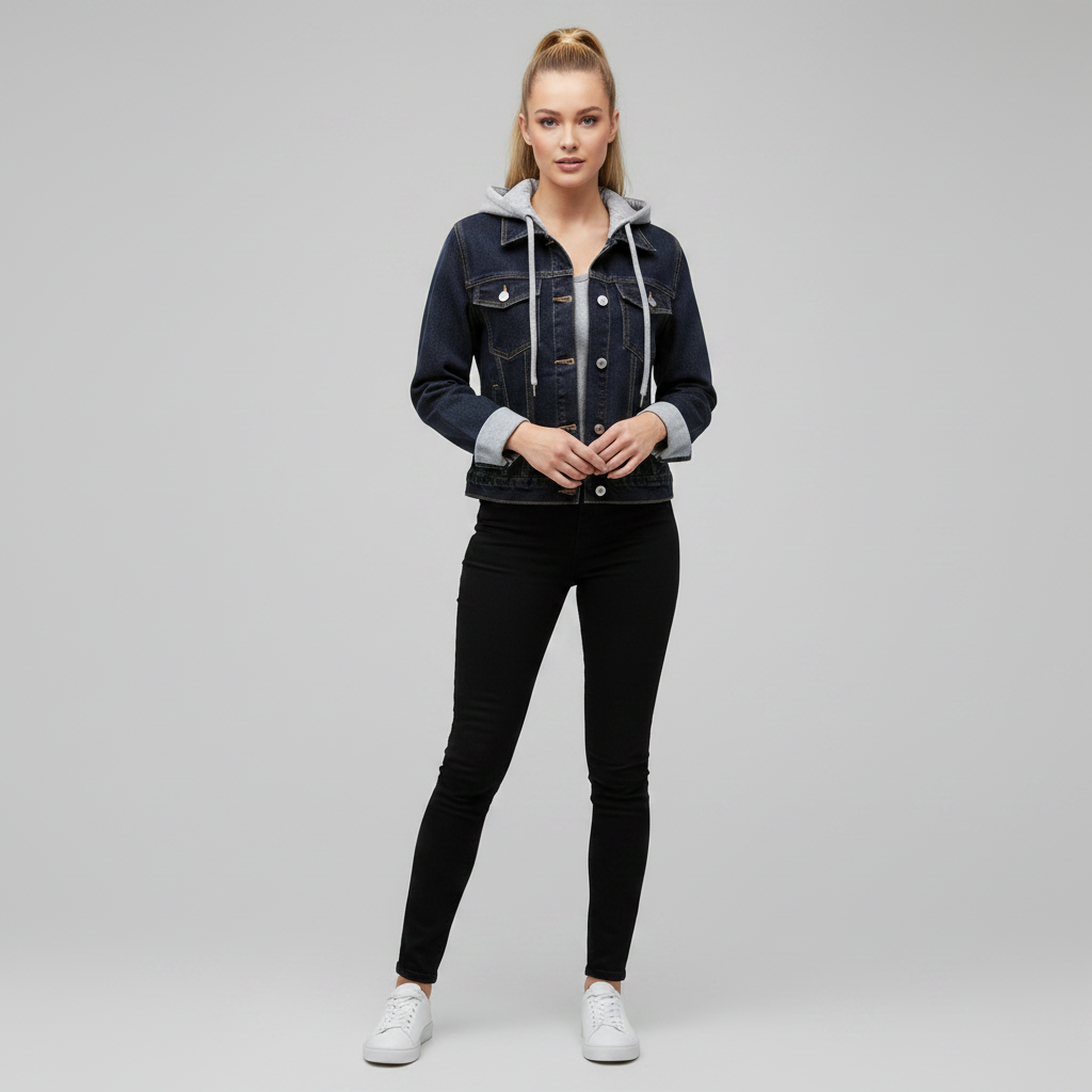 Denim Damejakke Med Aftagelig Hætte | Casual Yderlag