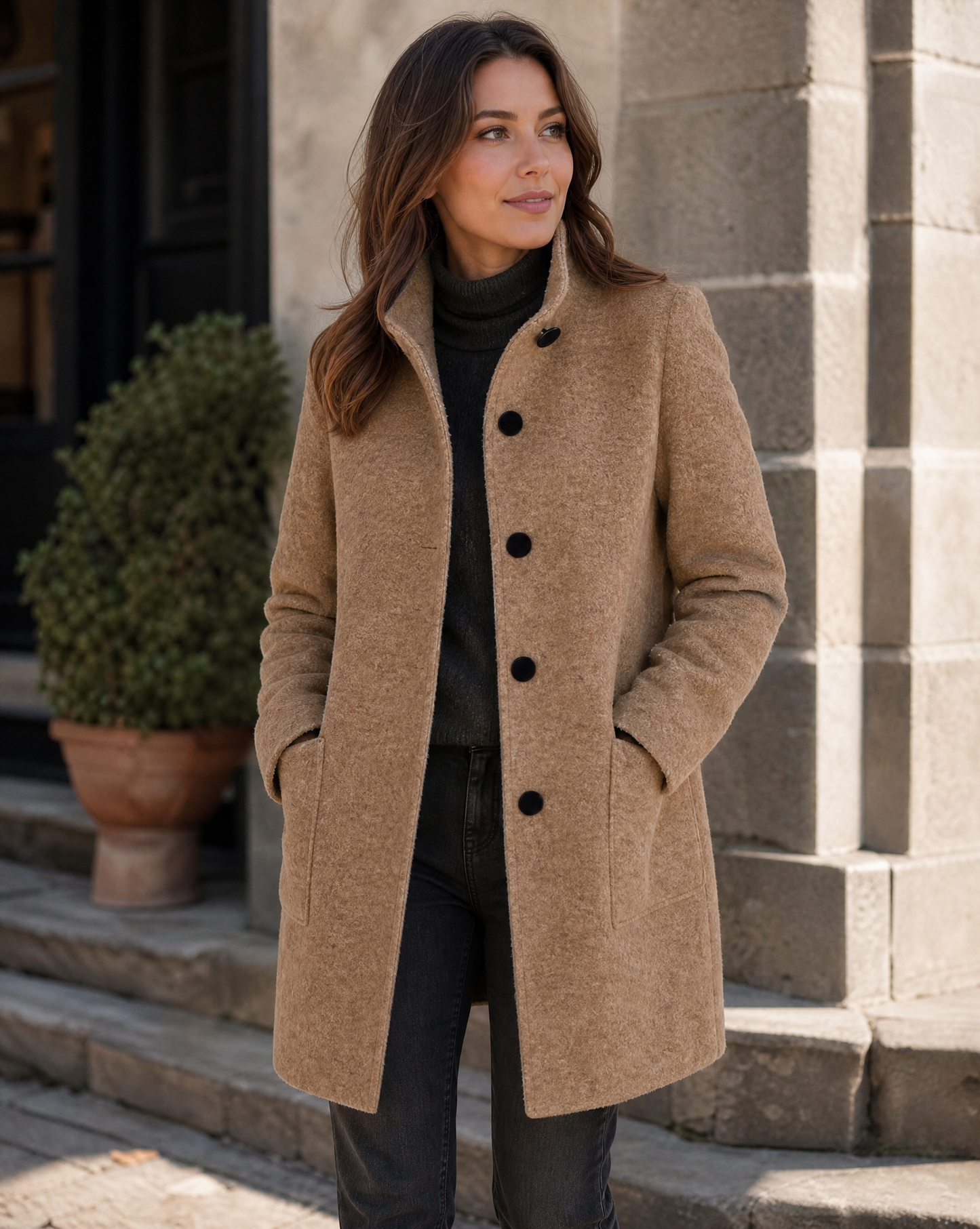 Solene | Women's Wool Retro Camel Coat Stand Collar for Fall Festival