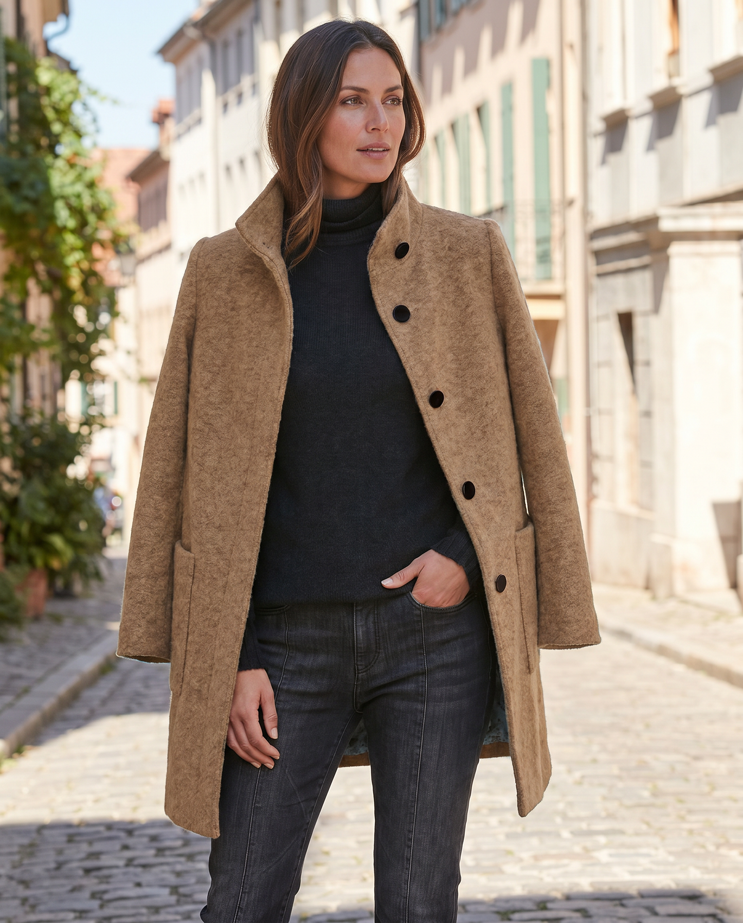 Solene | Women's Wool Retro Camel Coat Stand Collar for Fall Festival