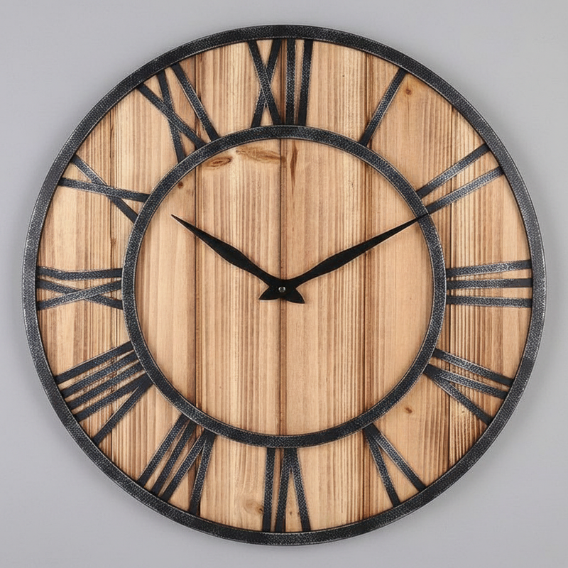 Industrielt Vægur i Træ og Metal | 40cm Rundt Design