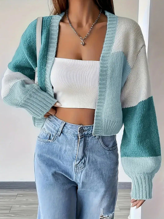 Celeste | Women's Cropped Cardigan Colour Block Knit