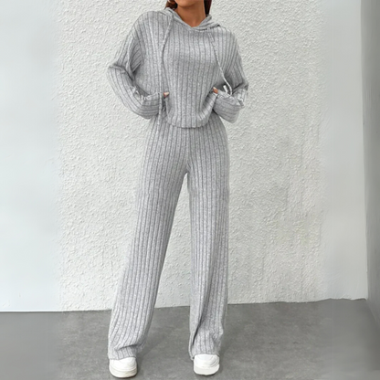 Kvinders Ribbede Strik Hoodie og Bred Ben Bukser Loungewear Sæt