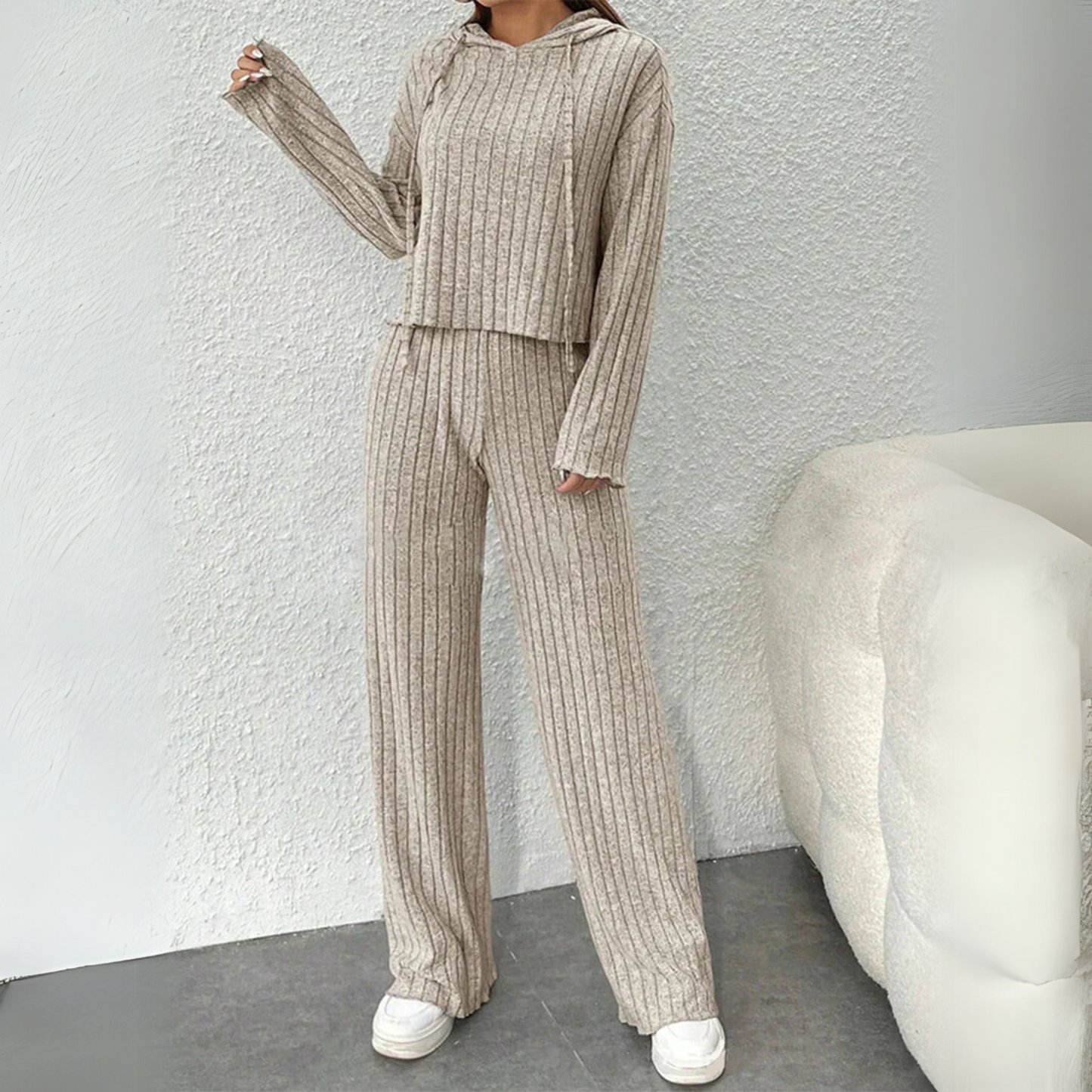 Kvinders Ribbede Strik Hoodie og Bred Ben Bukser Loungewear Sæt