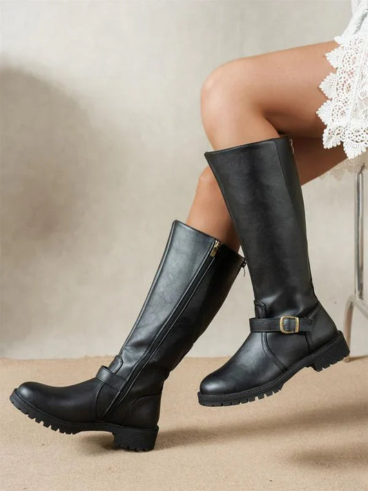Aimee | Women's Retro Leather Knee-High Boots Buckle Detail