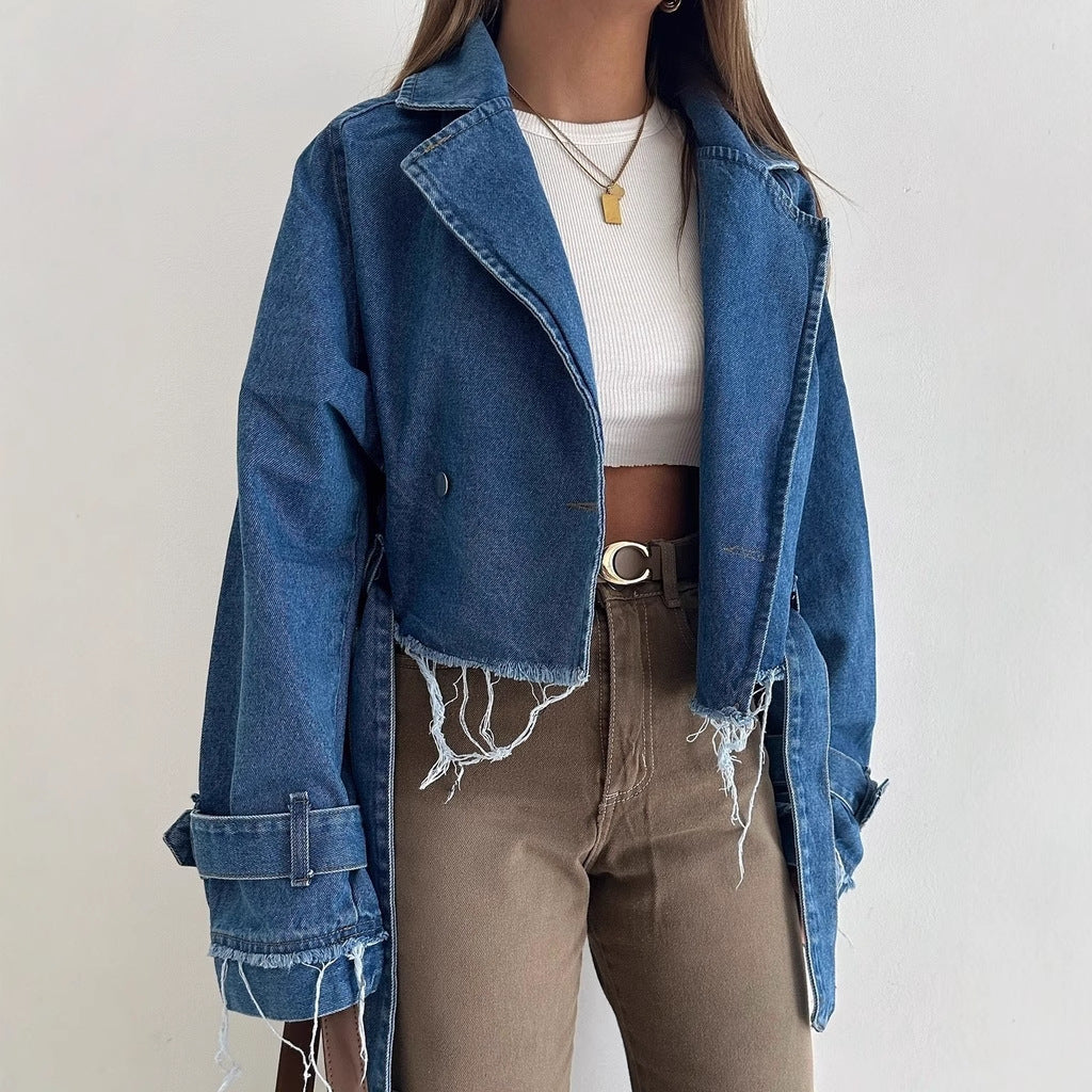 Brigitte | Women's Cropped Denim Jacket Vintage Fringe Style