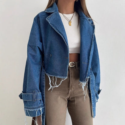 Brigitte | Women's Cropped Denim Jacket Vintage Fringe Style