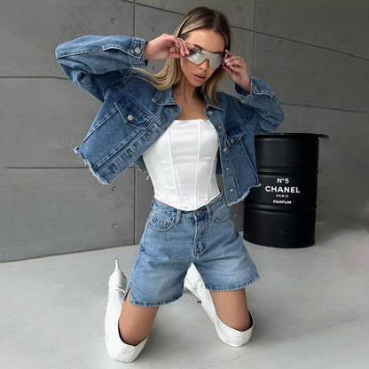 Camille | Women's Cropped Denim Jacket Casual Fringe Detail