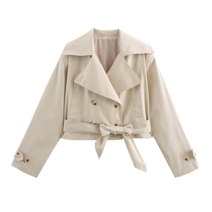 Fleur | Women's Belted Cropped Trench Coat Button Detail for Date Night