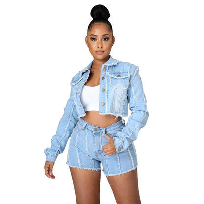 Gisèle | Women's Cropped Denim Jacket Frayed Contrast Seams