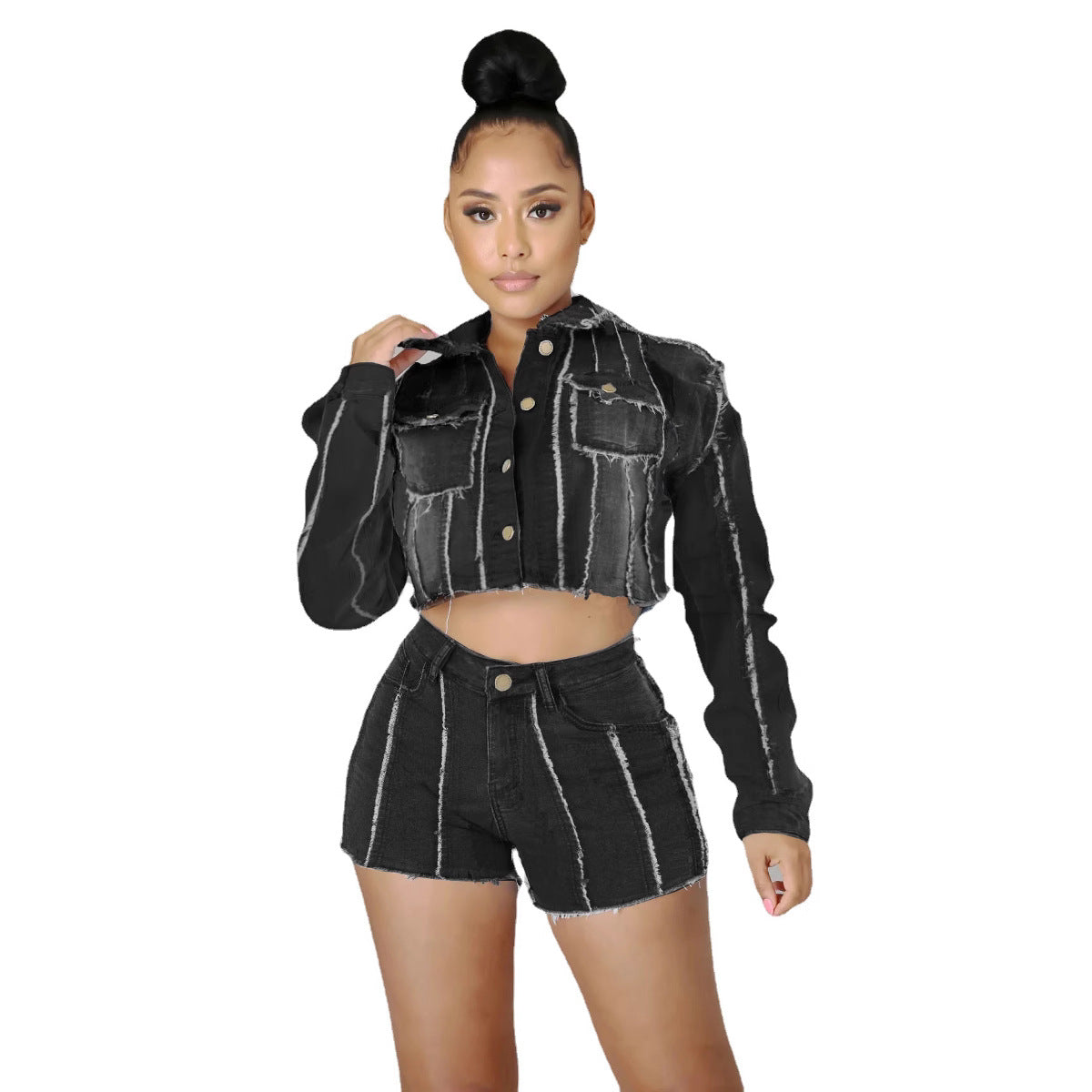 Gisèle | Women's Cropped Denim Jacket Frayed Contrast Seams