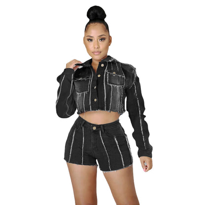 Gisèle | Women's Cropped Denim Jacket Frayed Contrast Seams