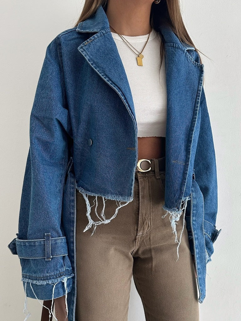 Brigitte | Women's Cropped Denim Jacket Vintage Fringe Style
