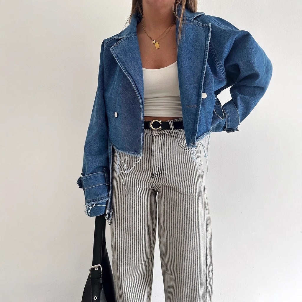 Brigitte | Women's Cropped Denim Jacket Vintage Fringe Style