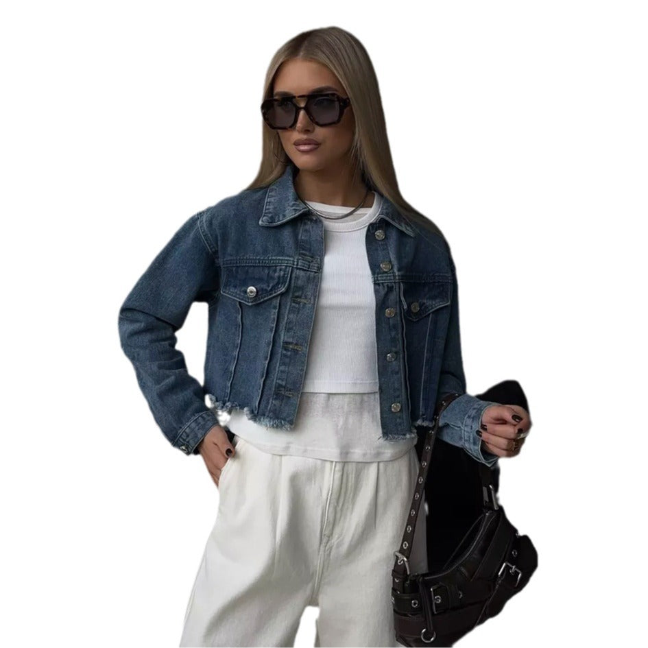 Camille | Women's Cropped Denim Jacket Casual Fringe Detail