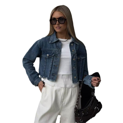 Camille | Women's Cropped Denim Jacket Casual Fringe Detail