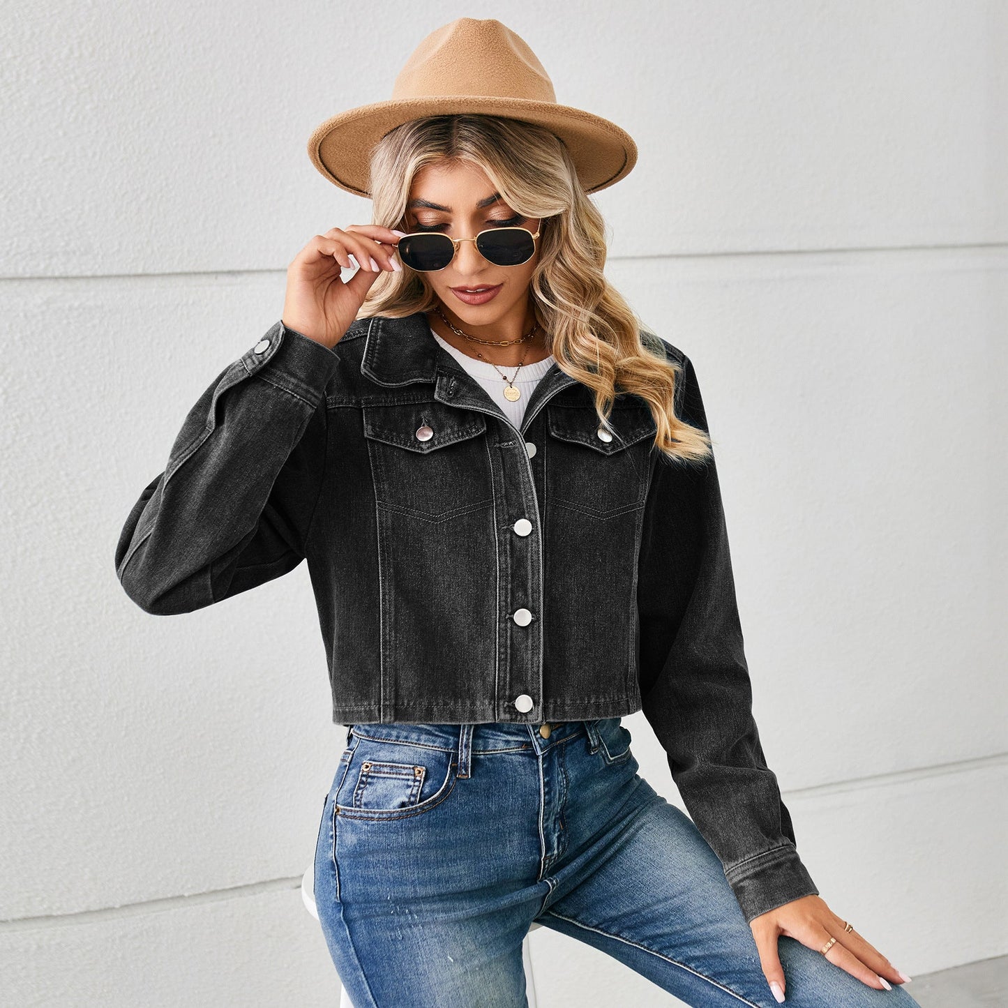 Colette | Women's Cropped Denim Jacket Classic Collar