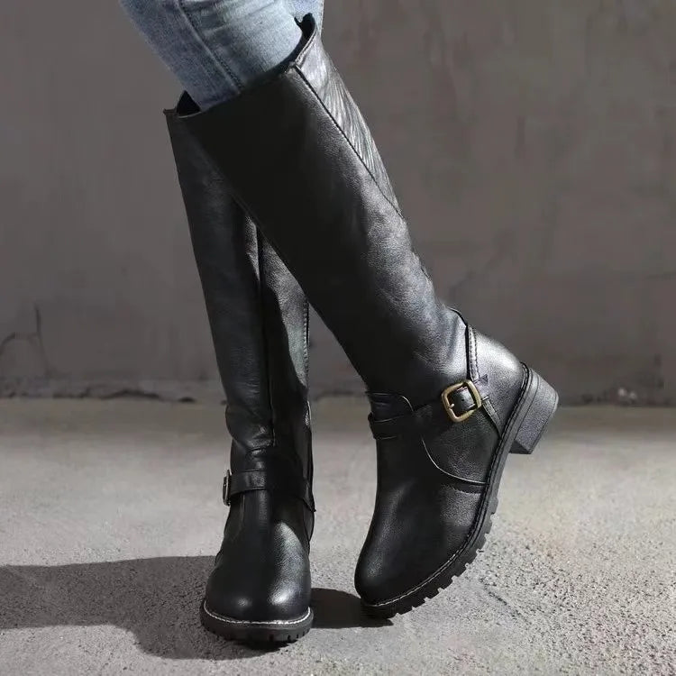 Celestine | Women's Leather Knee-High Boots Classic Buckle