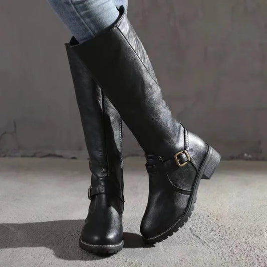 Celestine | Women's Leather Knee-High Boots Classic Buckle