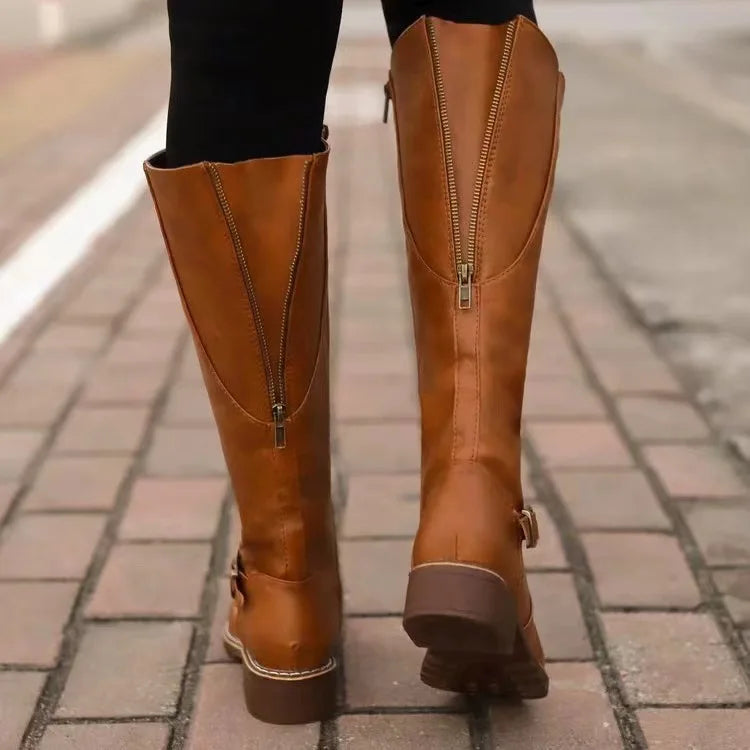 Celestine | Women's Leather Knee-High Boots Classic Buckle