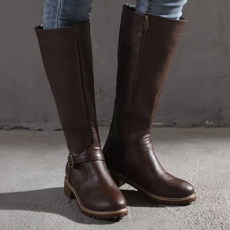 Celestine | Women's Leather Knee-High Boots Classic Buckle