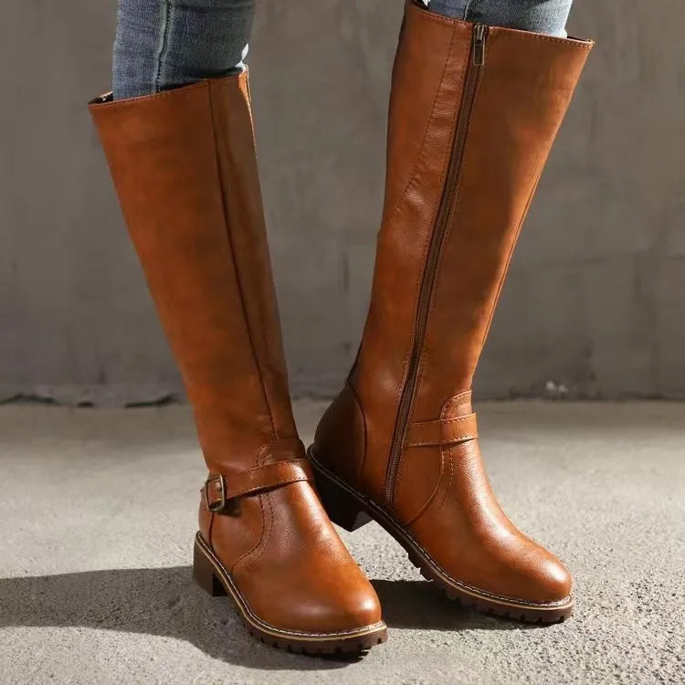 Celestine | Women's Leather Knee-High Boots Classic Buckle