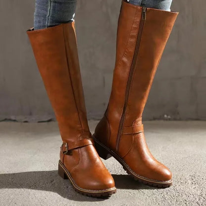 Celestine | Women's Leather Knee-High Boots Classic Buckle