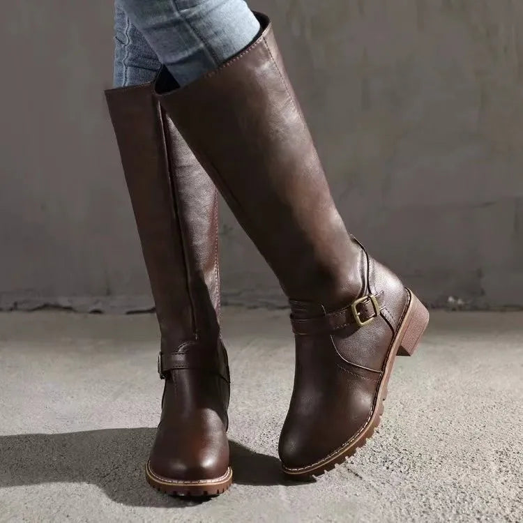 Celestine | Women's Leather Knee-High Boots Classic Buckle