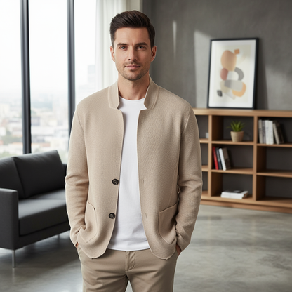 Aldous | Men's Wool Cardigan Collarless with Woven Knit for Conference