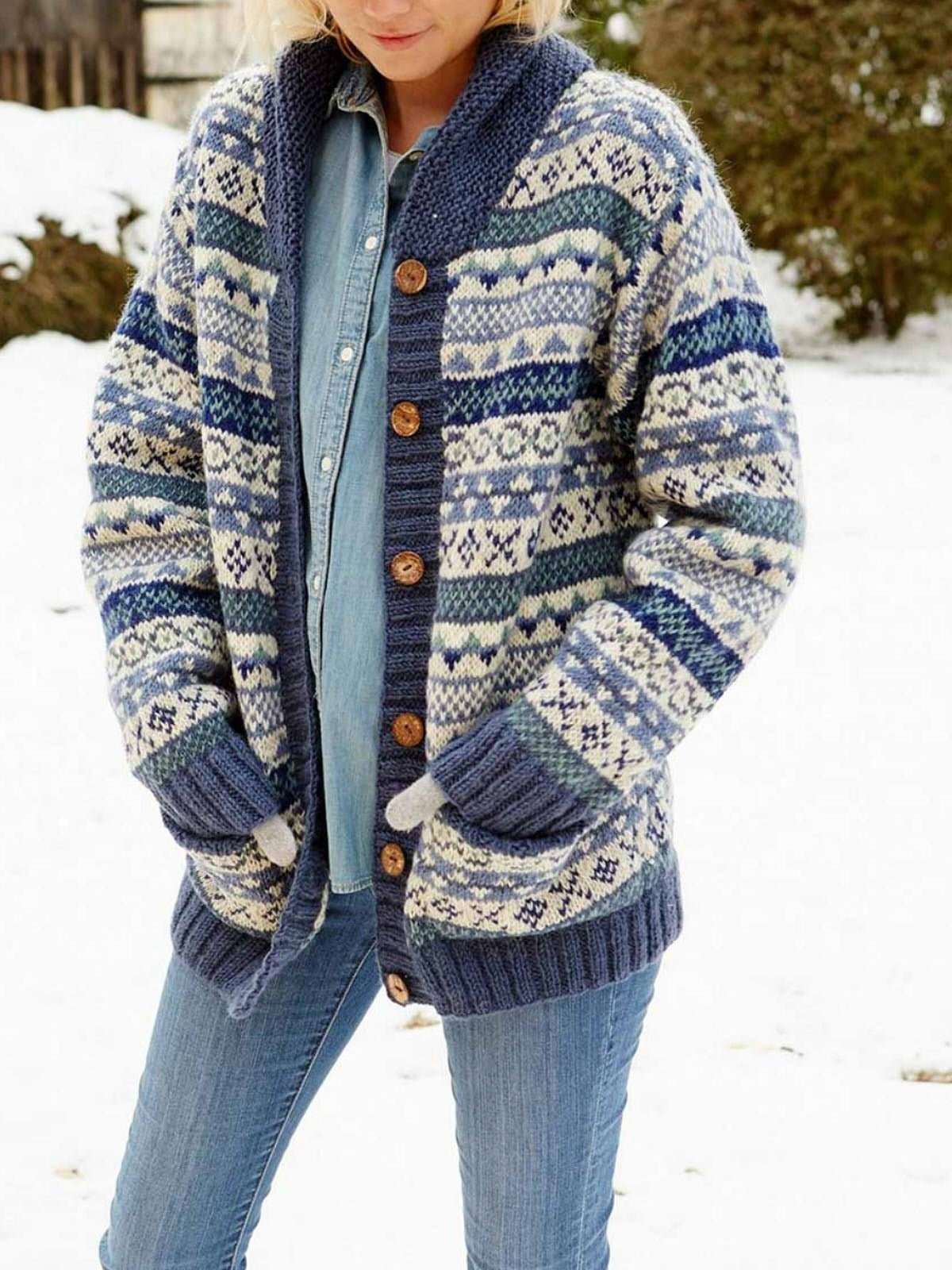 Claire | Women's Wool Knit Cardigan Shawl Collar Fair Isle for Brunch