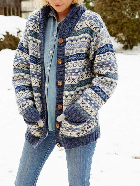 Claire | Women's Wool Knit Cardigan Shawl Collar Fair Isle for Brunch