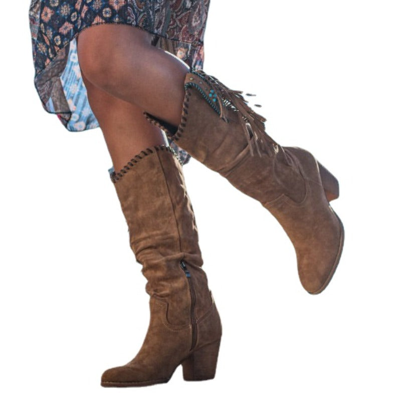 Savannah | Women's Over-the-Knee Cowboy Boots Fringe Block Heel