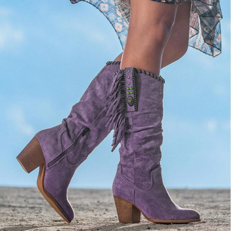 Savannah | Women's Over-the-Knee Cowboy Boots Fringe Block Heel