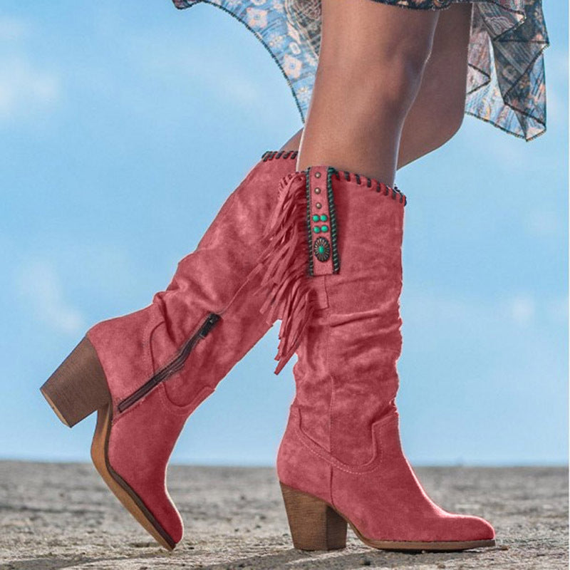 Savannah | Women's Over-the-Knee Cowboy Boots Fringe Block Heel