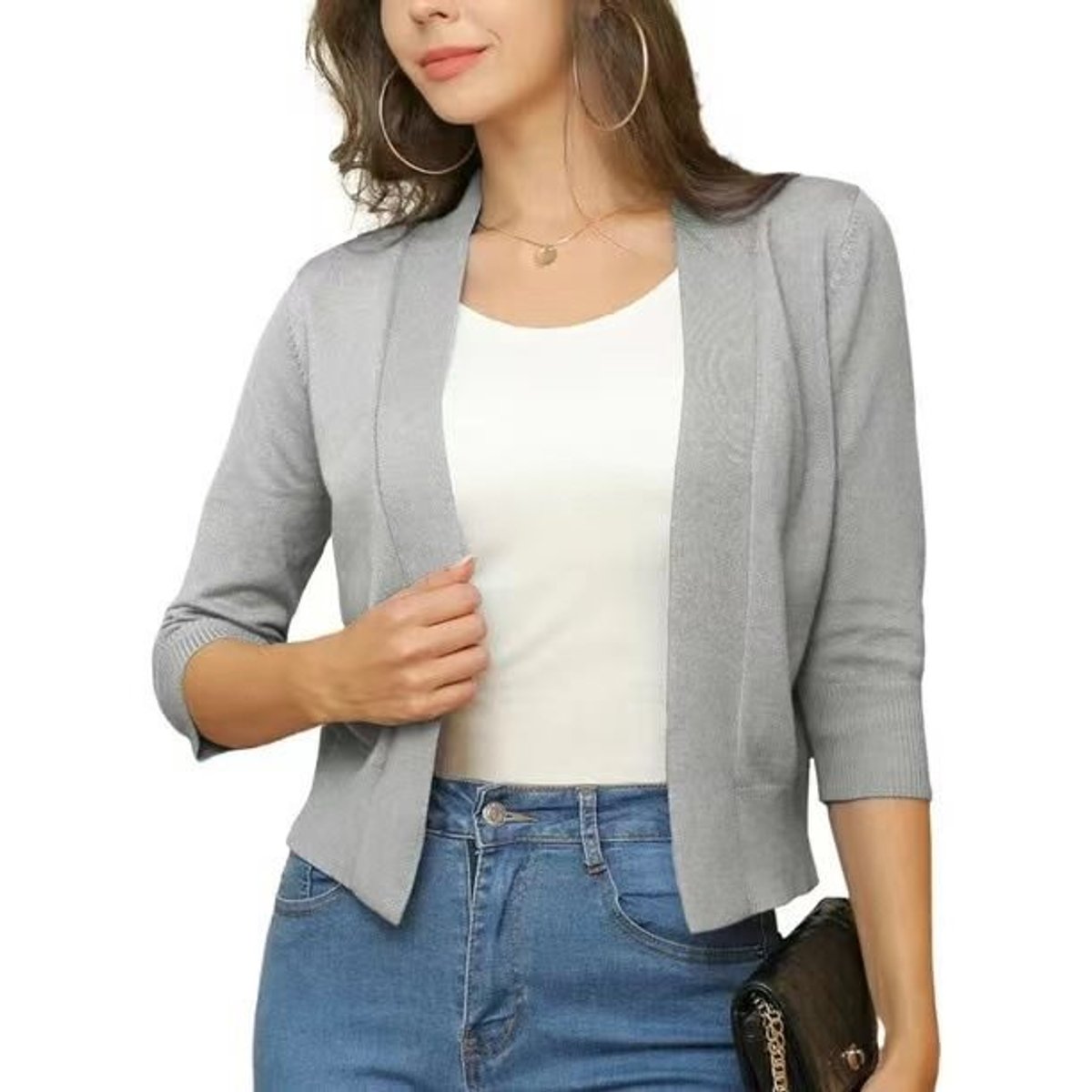 Isla | Women's Cropped Cardigan Open-Front Three-Quarter Sleeve