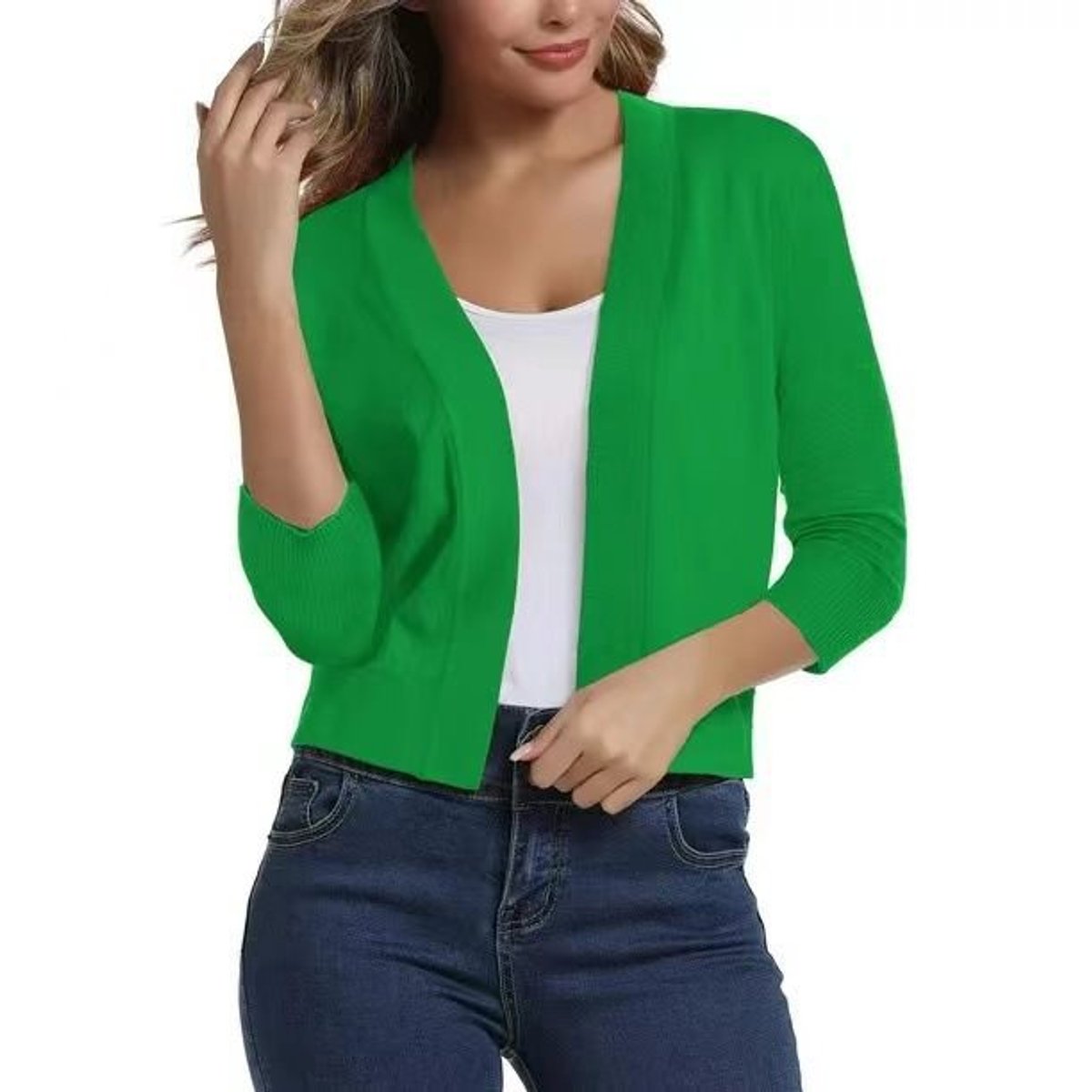 Isla | Women's Cropped Cardigan Open-Front Three-Quarter Sleeve