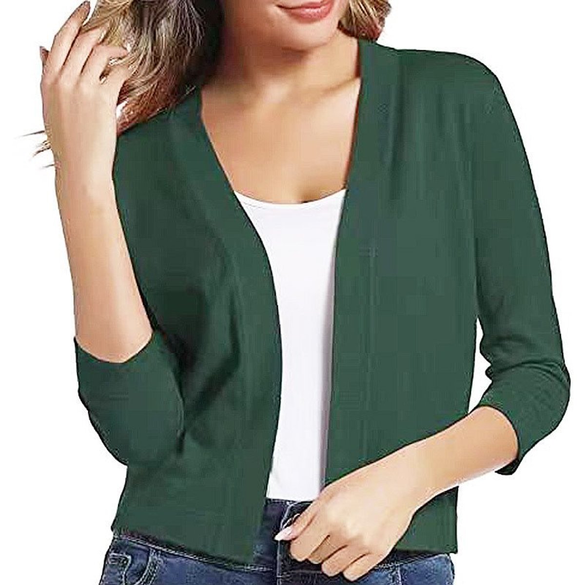 Isla | Women's Cropped Cardigan Open-Front Three-Quarter Sleeve