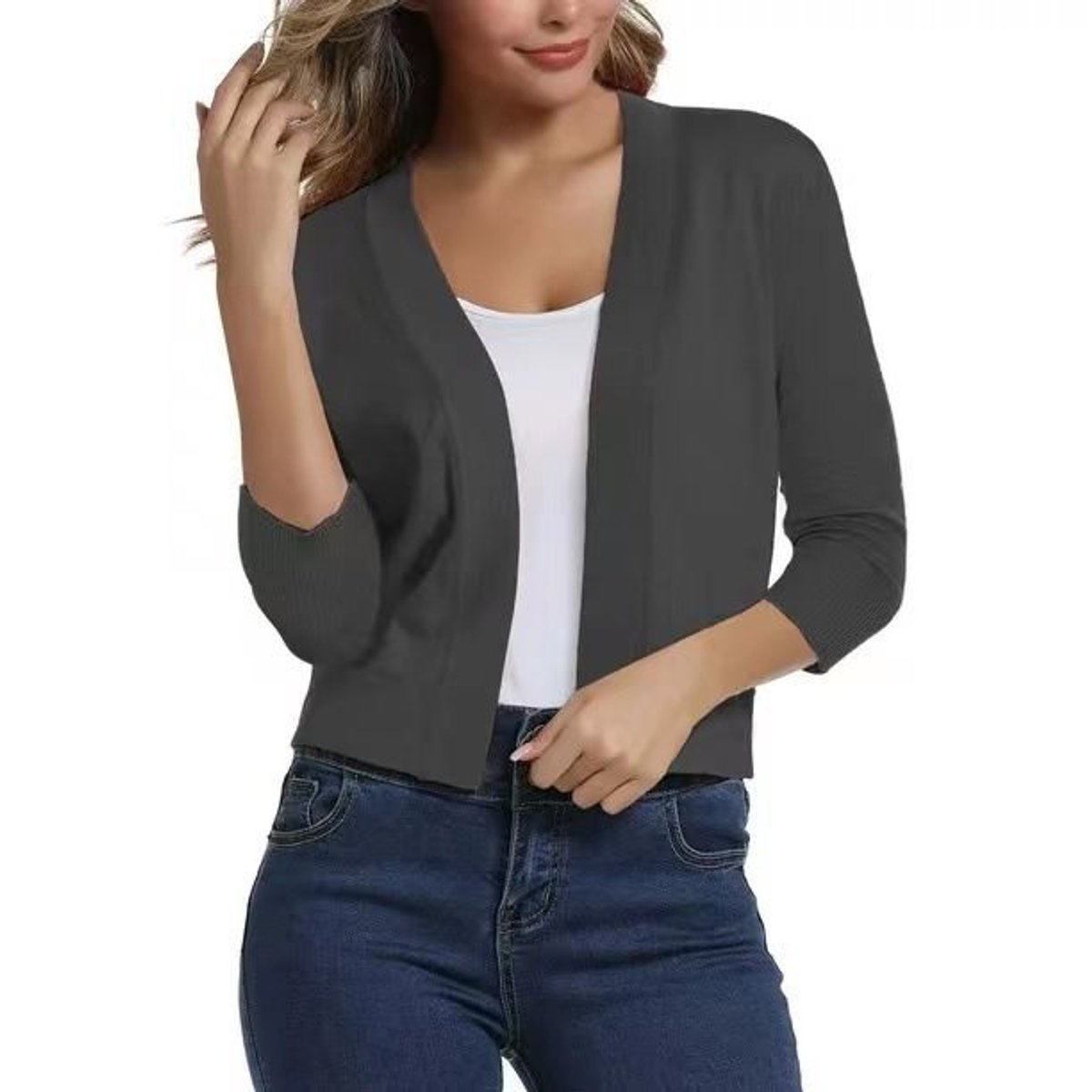 Isla | Women's Cropped Cardigan Open-Front Three-Quarter Sleeve