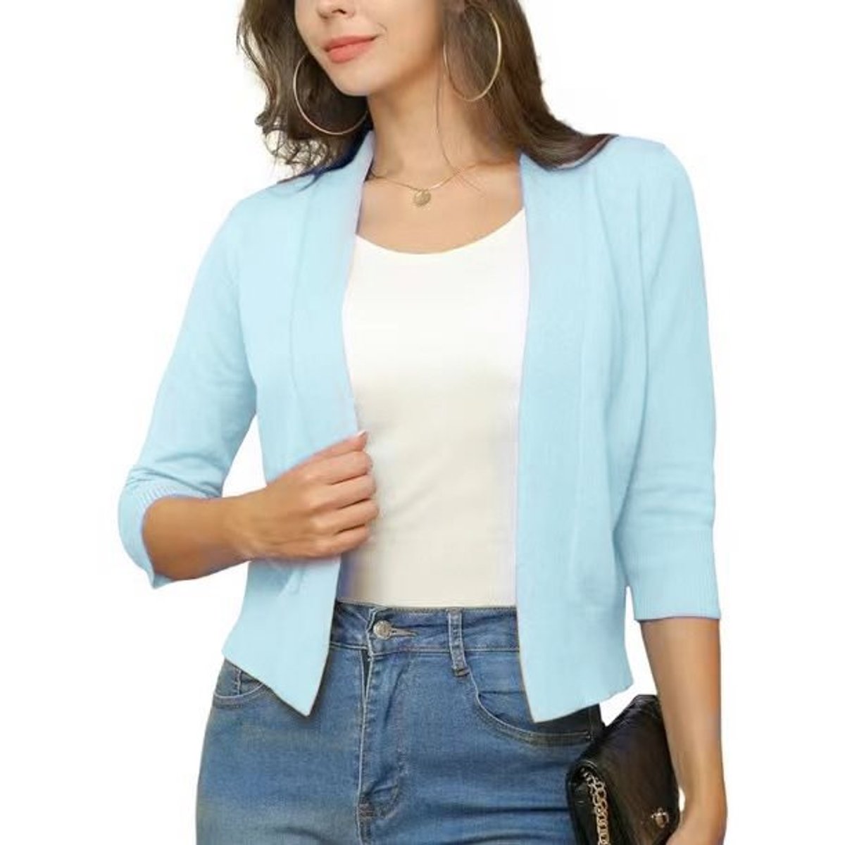Isla | Women's Cropped Cardigan Open-Front Three-Quarter Sleeve